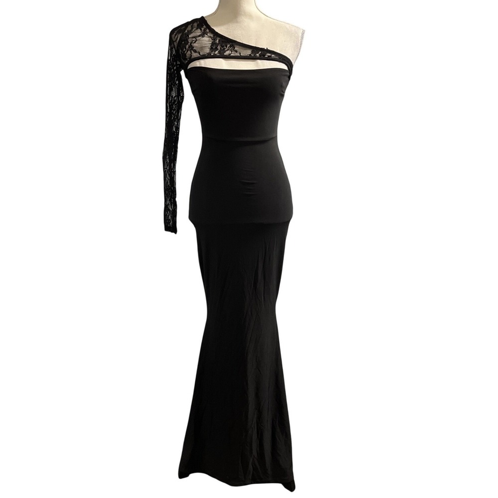 Black Bodycon Maxi Dress Sheer Lace Arm Size XS Witchy Vamp Whimsigoth Grunge